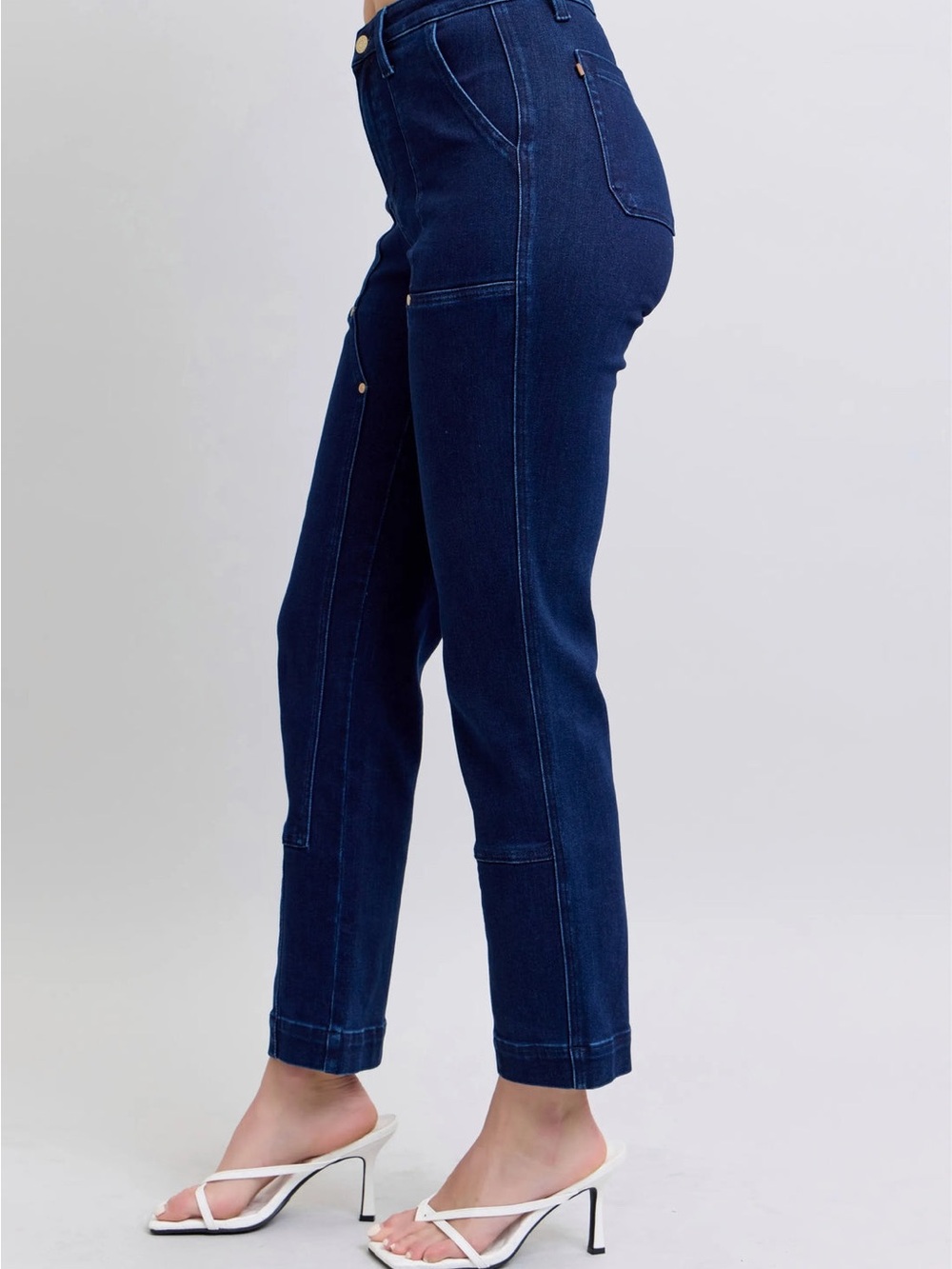 Judy Blue High-Rise Work Wear Knee Patch Straight Jeans Dark Wash Utility Denim - Picture 3 of 12